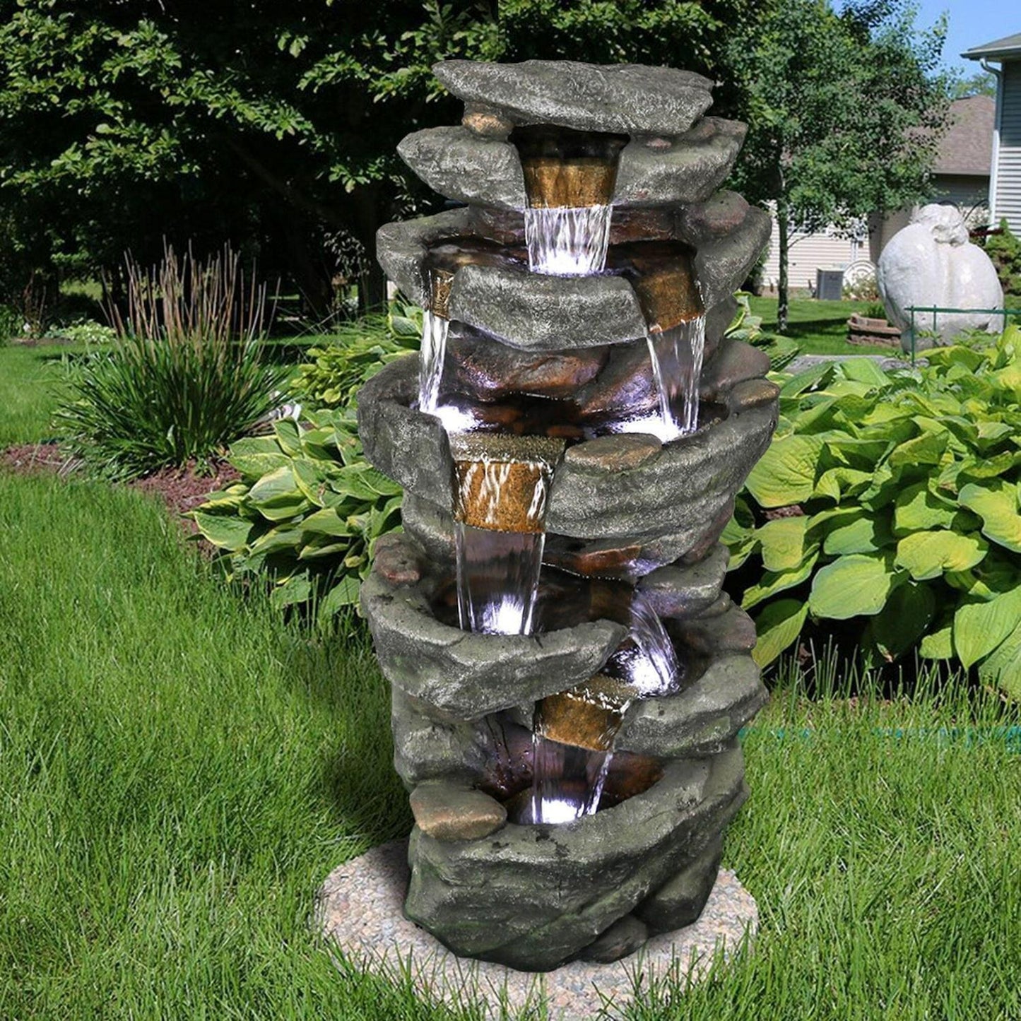 Rock 5-Tier Rock Outdoor Water Fountain: LED Lit, Easy Setup, Durable Polyresin