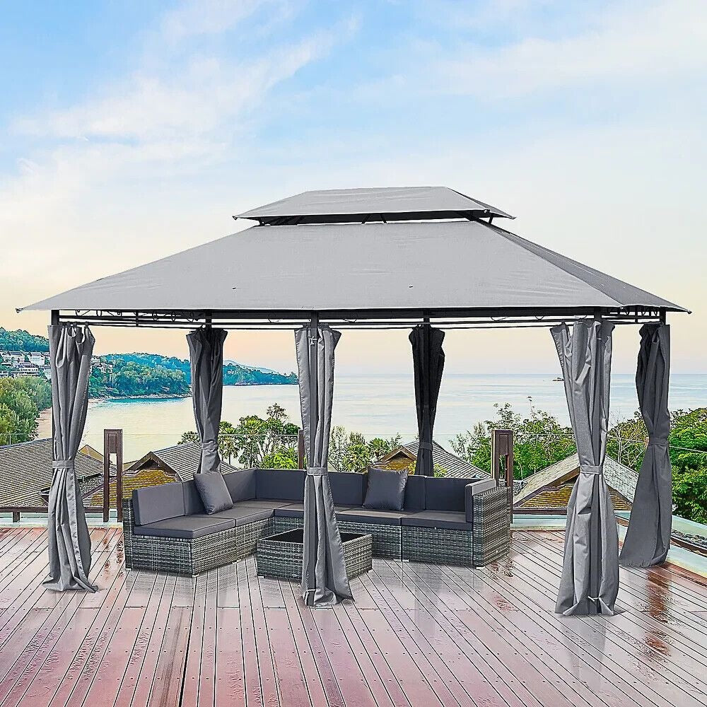 Elegant Outdoor Gazebo Double Tier Roof, Removeable Curtains, 10x13ft in Gray