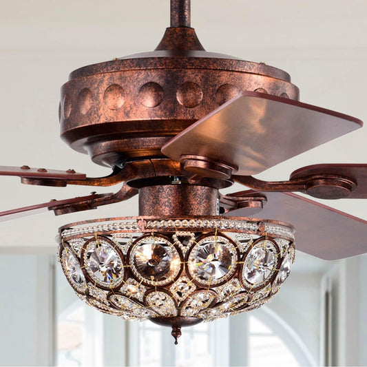 Dark Antique Copper Finish Crystal Ceiling Fan and Light - Remote 52in 5-Blade