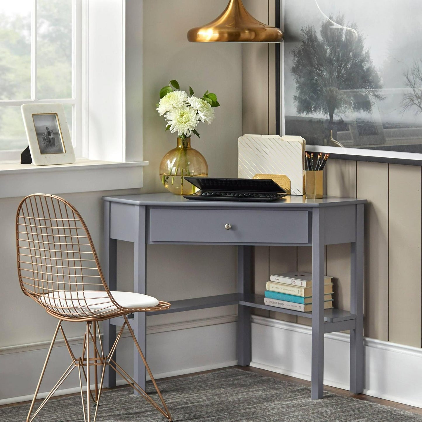 Computer Corner Desk for Home Office and Study w/ Lower Shelf in Dark Grey