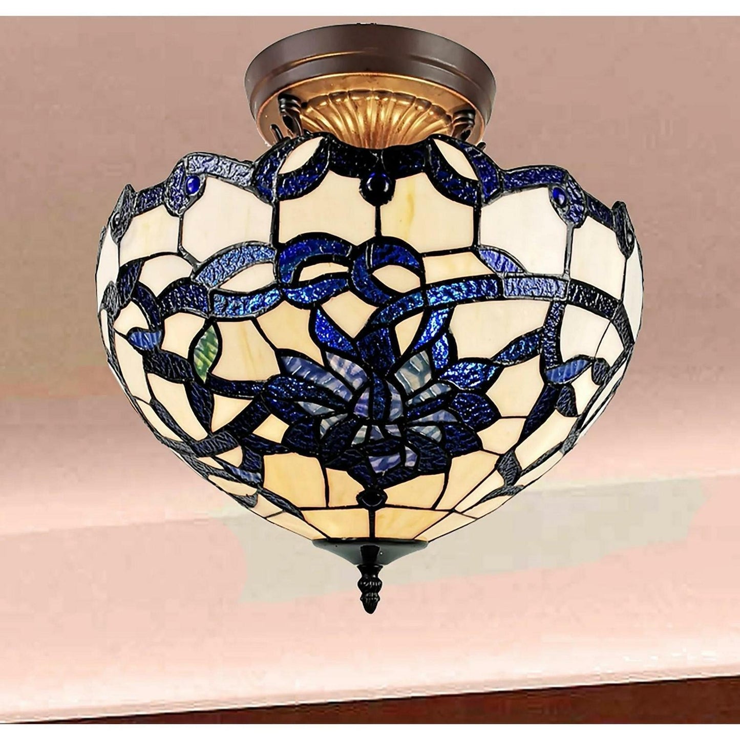 Semi-Flush Mount Stained Glass Bowl Ceiling Light Tiffany Style Stained Glass