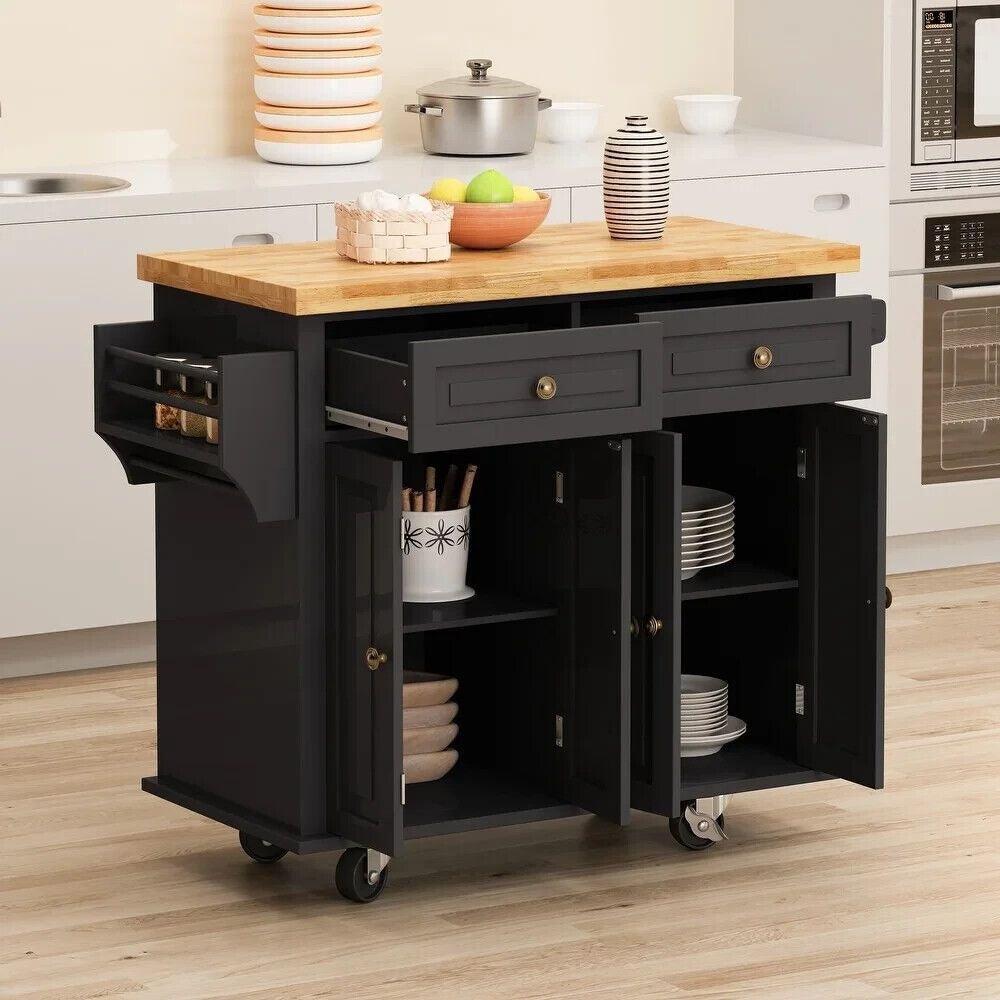 Rolling Kitchen Serving Cart Cabinet Natural Wood Butcher Block Top - Black