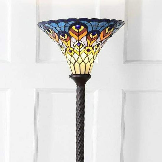 Tiffany Style Peacock 70in Stained Glass Traditional Torchiere Floor Lamp