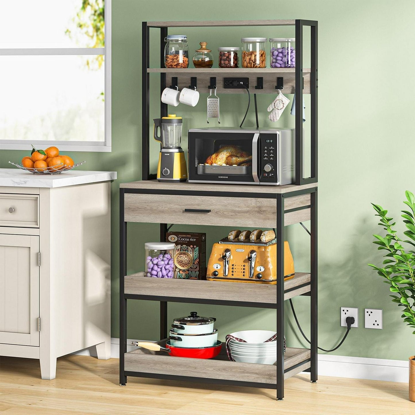 5.5ft 2-Tier Kitchen Baker's Rack w/ Outlets, Rustic Grey Fin - Microwave Stand