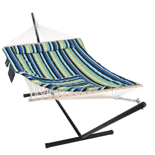 2 Person Hammock With Stand - Cotton Rope, Quilted Green & Blue Striped w/Pillow