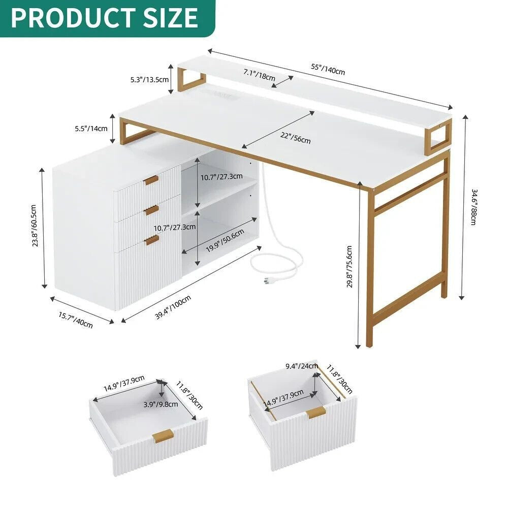 L-Shaped Computer Desk: Wireless Charge, LED Lit & File Cabinet in White & Gold