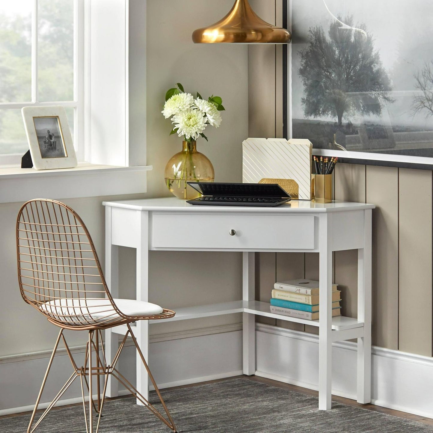 Corner Desk Computer Desk for Home Office and Study w/ Lower Shelf in White