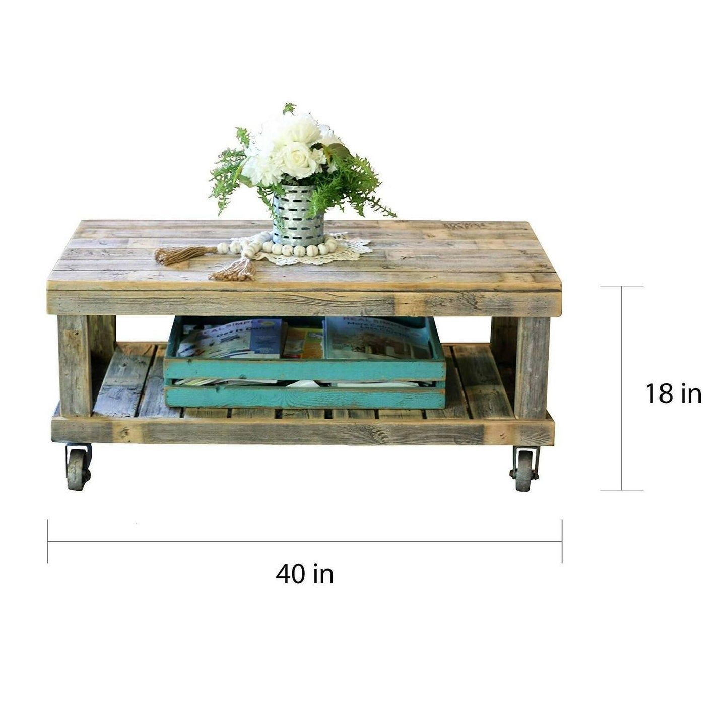 Rustic Natural Barn Wood Finish Accent Coffee Table on Wheels 40x20in