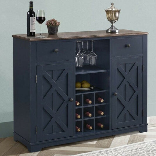 Deep Blue Finish Buffet Sideboard Cabinet Credenza With Built-in Wine Rack Bar