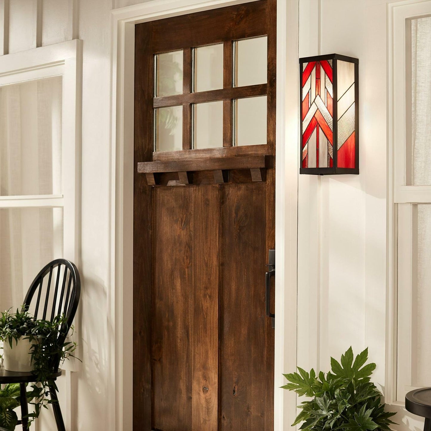 Outdoor Wall Sconce Red Stained Glass and Black Satin Rectangular 16in