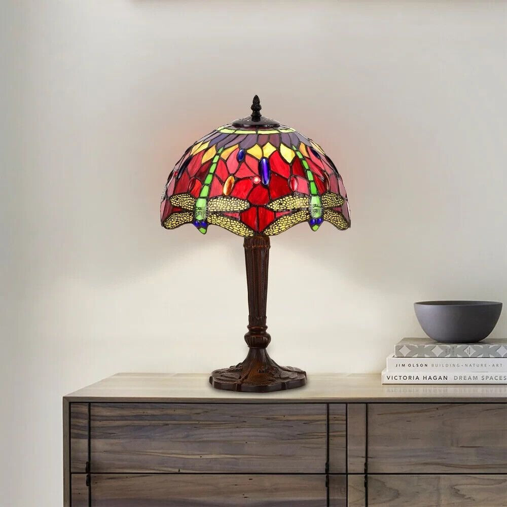 Tiffany Style Stained Glass Dragonfly Accent Table Lamp in Red and Purple 19in