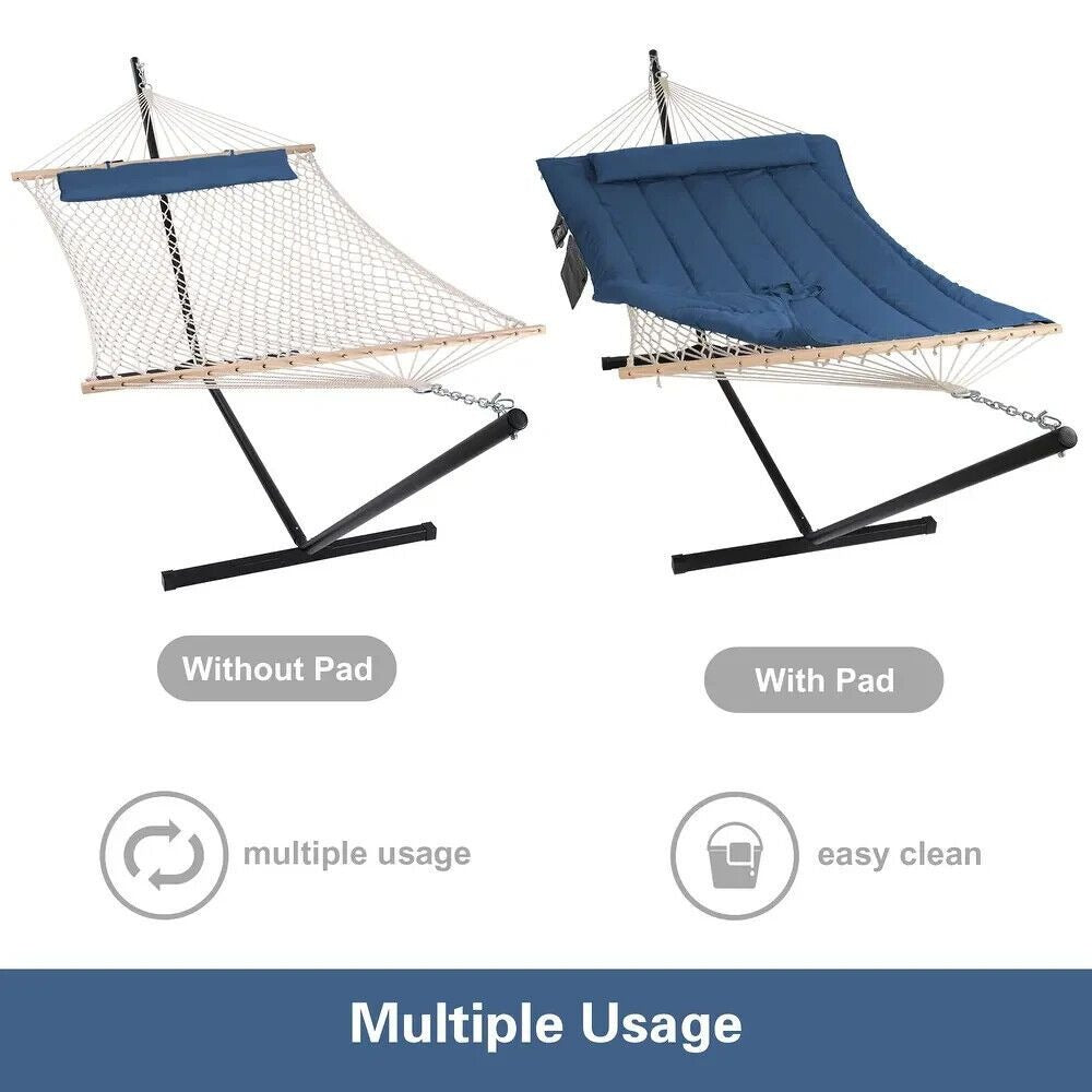 2 Person Hammock With Stand - Cotton Rope, Quilted Navy Blue w/Pillow