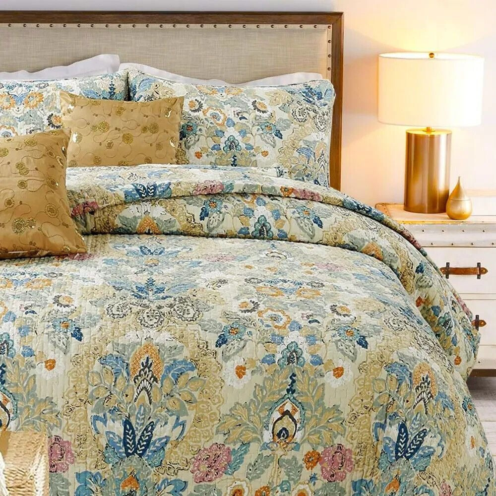 100% Cotton Floral 3-pc. Reversible Embroidered Quilt Set - Queen