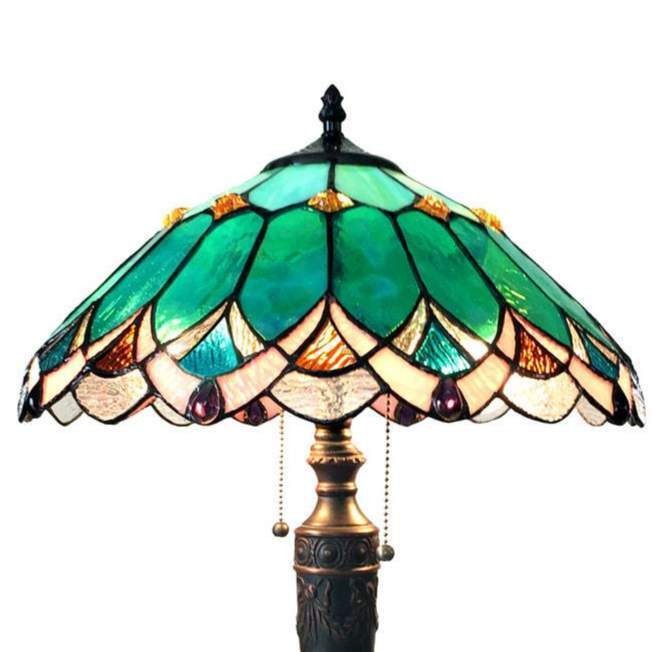 Handcrafted Emerald Victorian Tiffany Style Stained Glass 2-Light Table Lamp