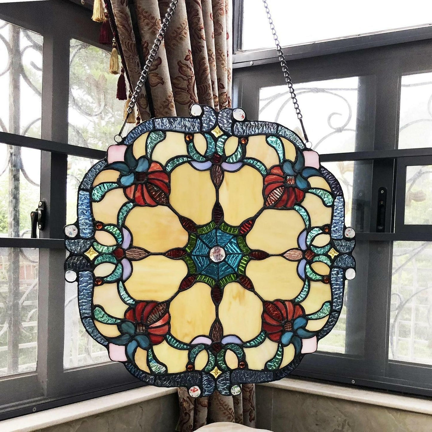 Stained Glass Window Panel Suncatcher Tiffany Style 18in Diameter Window Hanging