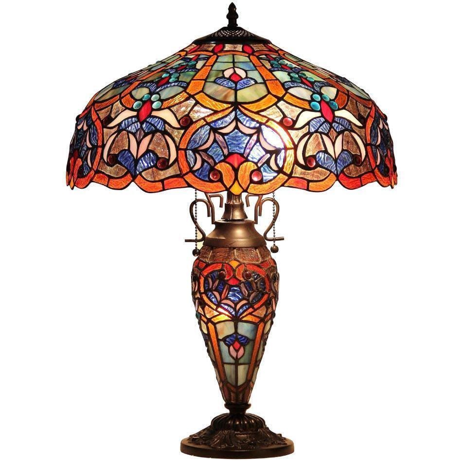 Table Lamp Victorian Theme Tiffany Style Stained Glass Double-Lit Dark Bronze