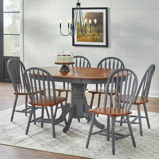 7-Pc Country Style Dining Set: Solid Wood w/ 22in Leaf - Grey Finish, Dark Top