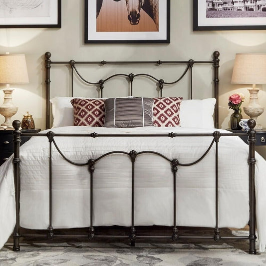 Beautiful Victorian Style Iron Metal Bed in Antique Dark Bronze Finish - KING
