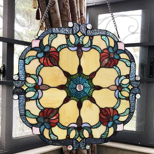 Stained Glass Window Panel Suncatcher Tiffany Style 18in Diameter Window Hanging