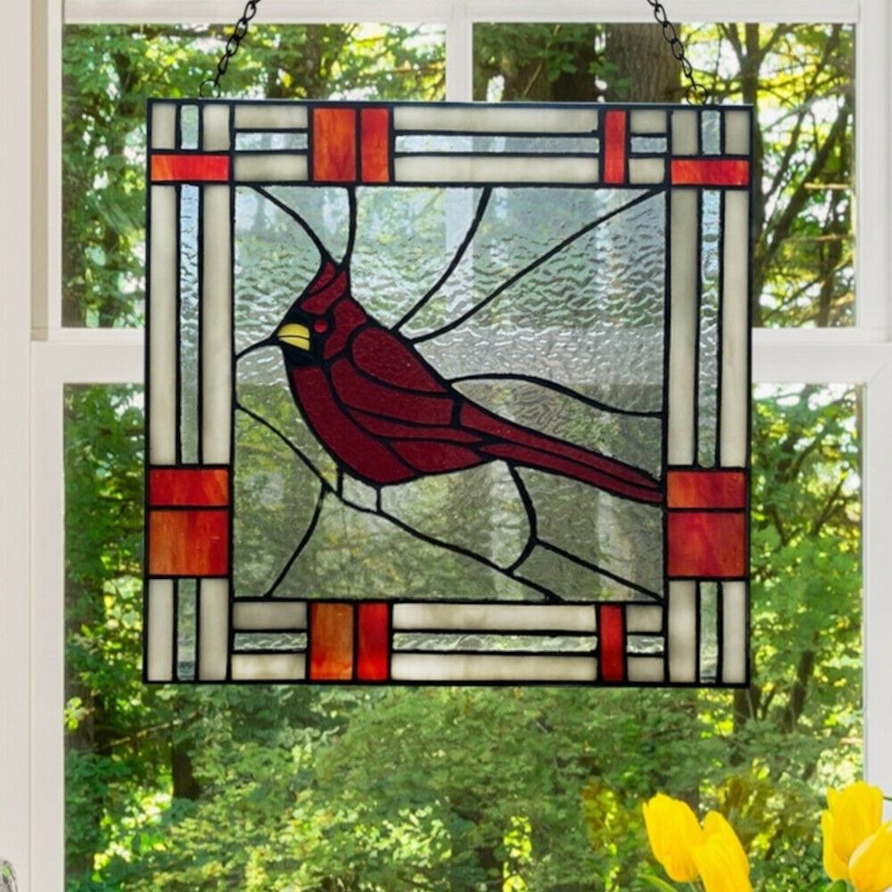 Cardinal Bird Stained Glass Window Panel Suncatcher 75 Handcut Pieces 11in x 11i