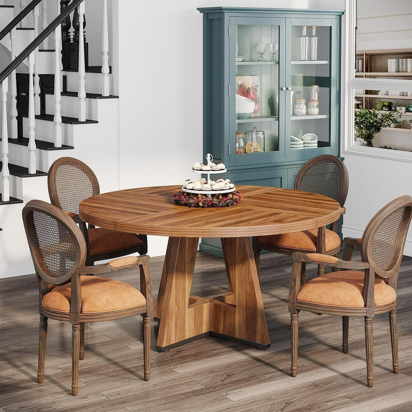 Round Farmhouse Dining Kitchen Table in Rustic Light Brown Finish 47in Diameter