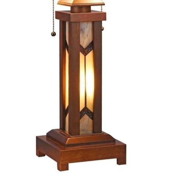 Tiffany Style Stained Glass and Walnut Fin Double Lit Table Lamp With Lit Base