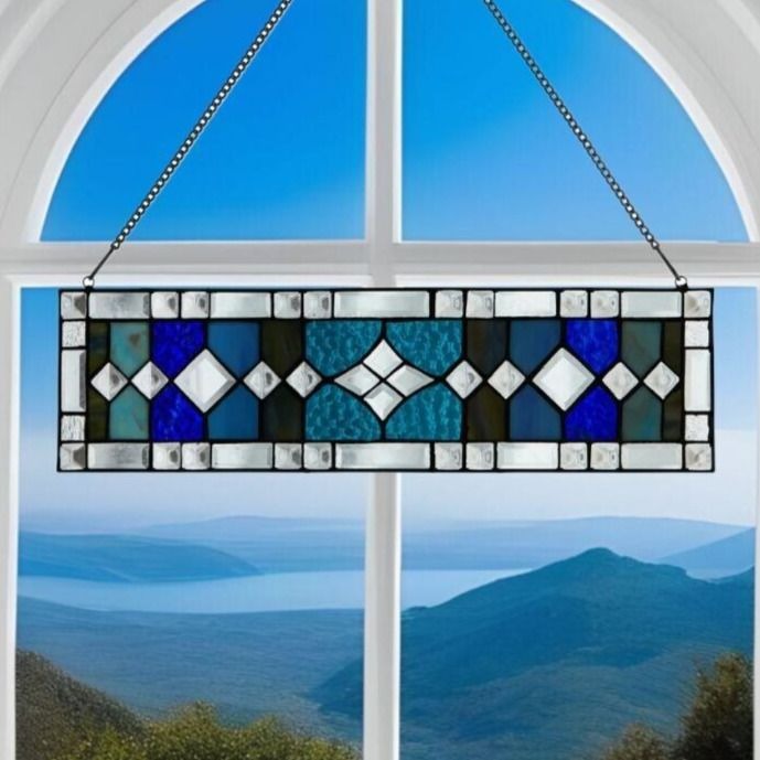 Stunning Stained Glass Suncatcher Panel Geometric Diamonds and Stripes 18x5in