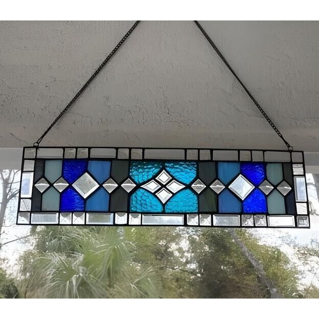 Stunning Stained Glass Suncatcher Panel Geometric Diamonds and Stripes 18x5in