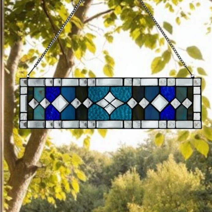 Stunning Stained Glass Suncatcher Panel Geometric Diamonds and Stripes 18x5in