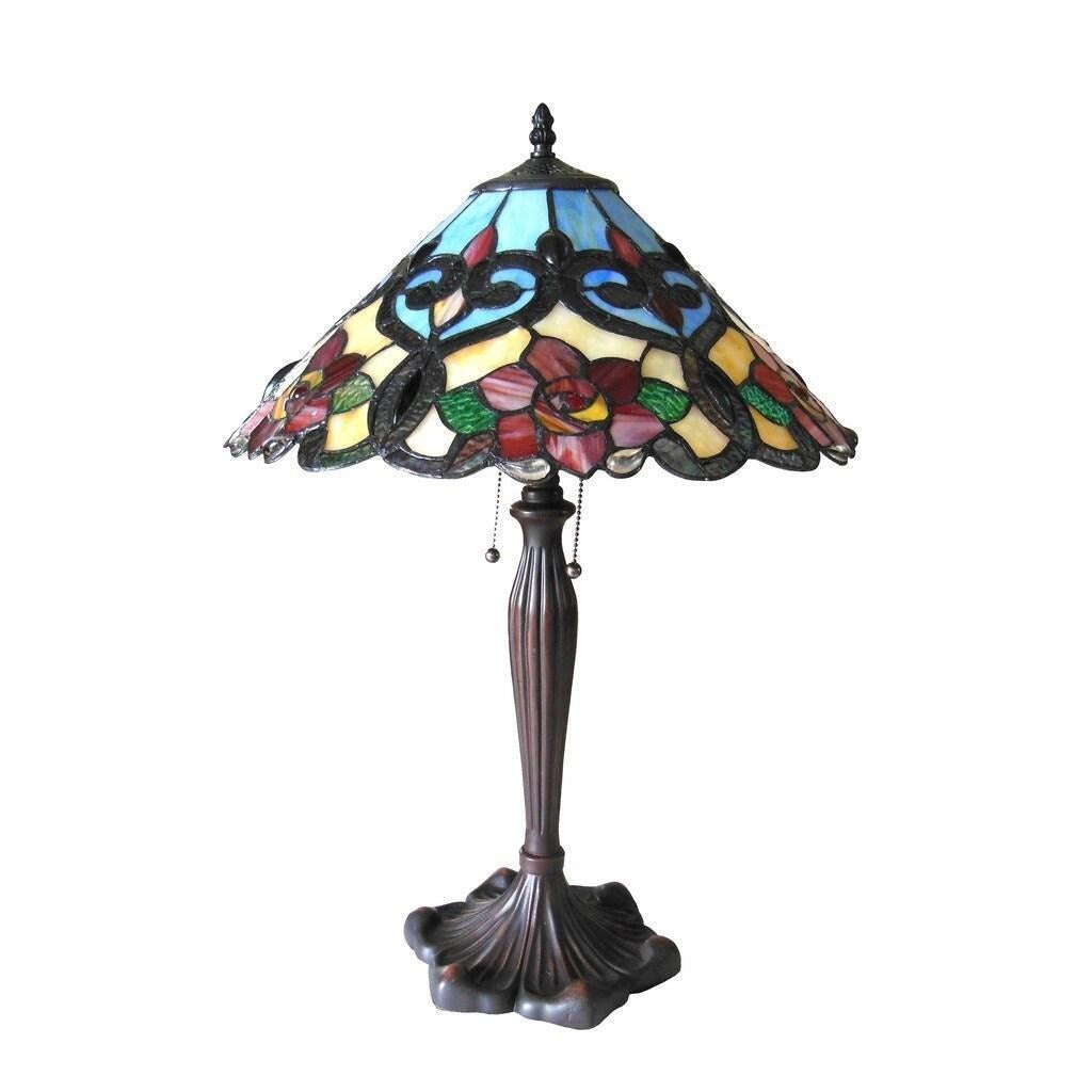 Tiffany Style 2-Light Pull Chain Table Lamp Floral Rose in Antique Bronze Finish