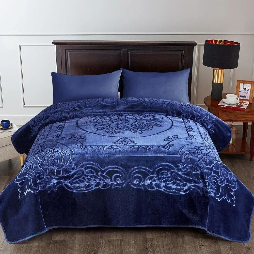 Luxurious Oversized Floral Embossed Bed Blanket/Cover in Royal Blue