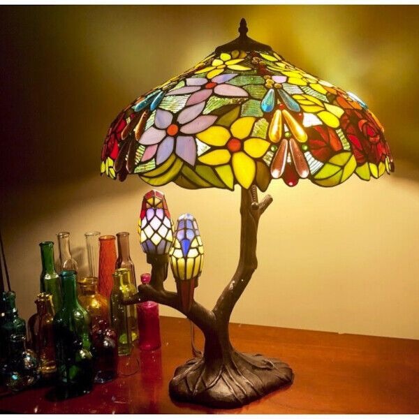 Tiffany Style Table Tree With Owls Lamp Reading Desk Accent Stained Glass Lamp