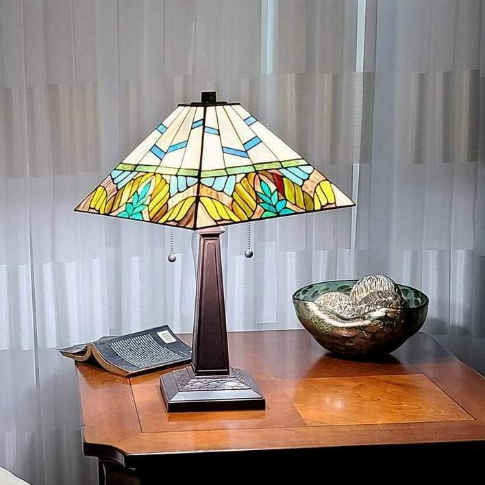 Multicolor Stained Glass Mission Tiffany Style Table Accent Lamp 2 Lights 22in