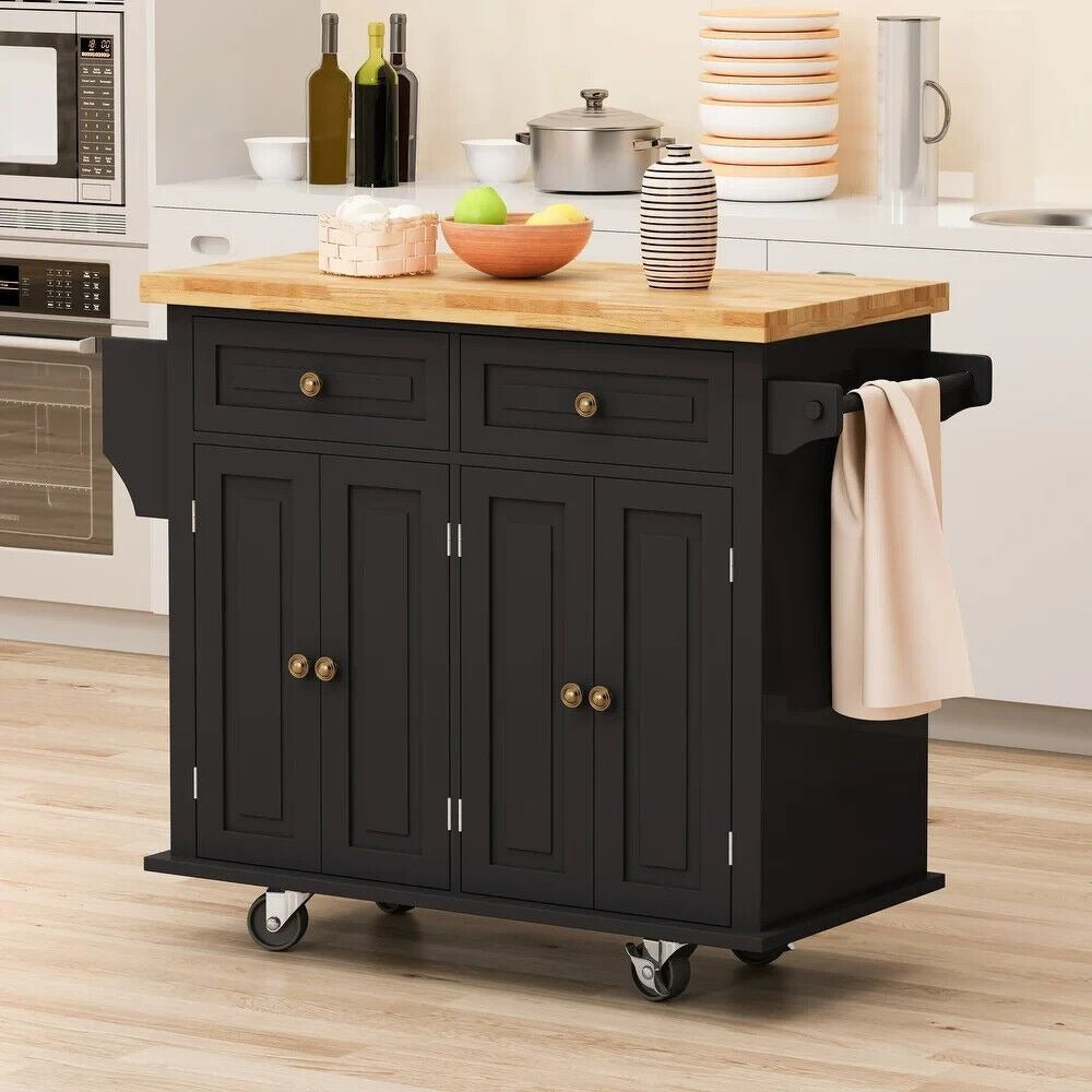 Rolling Kitchen Serving Cart Cabinet Natural Wood Butcher Block Top - Black