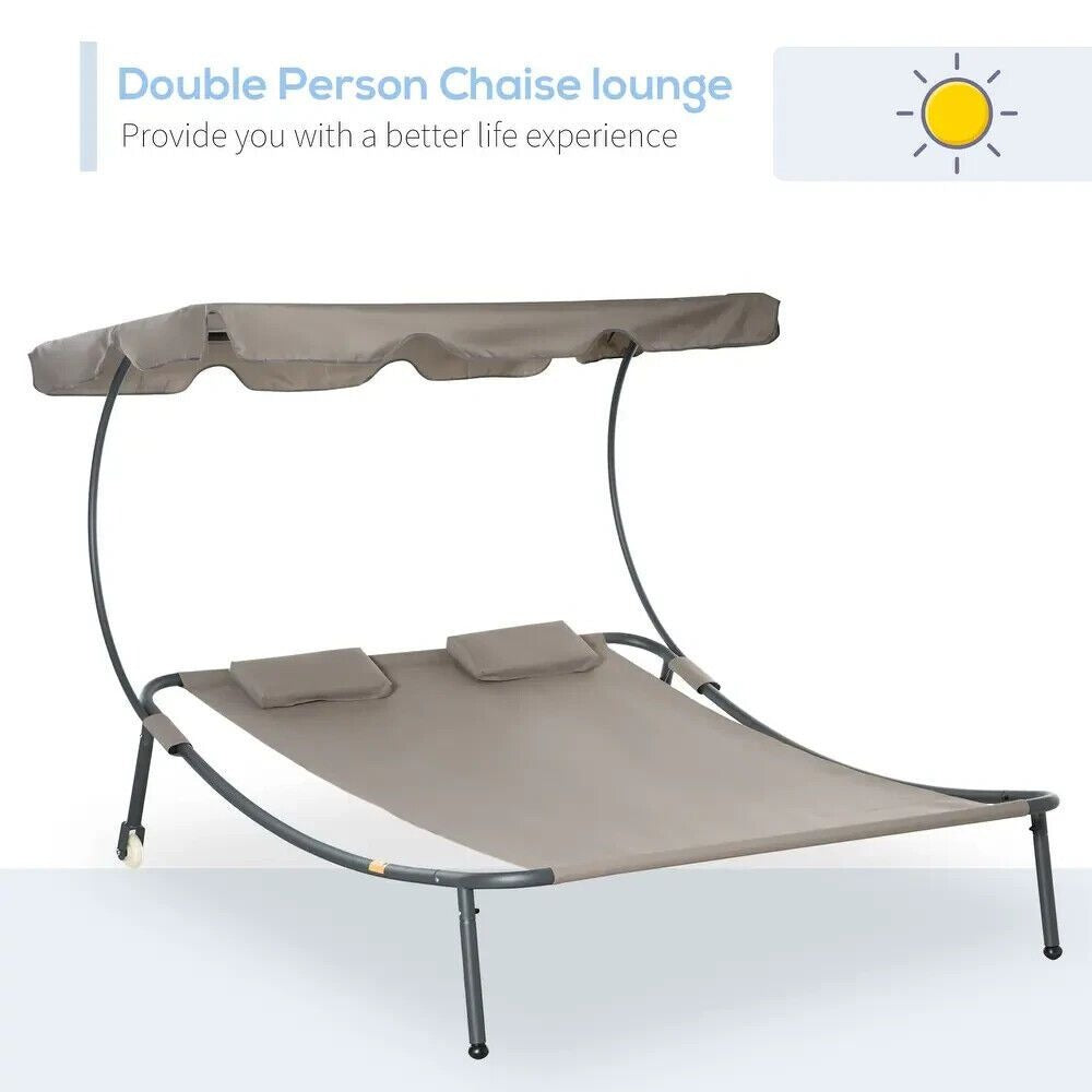 Outdoor Wheeled Hammock Daybed with Adjustable Canopy and Pillow in Light Brown