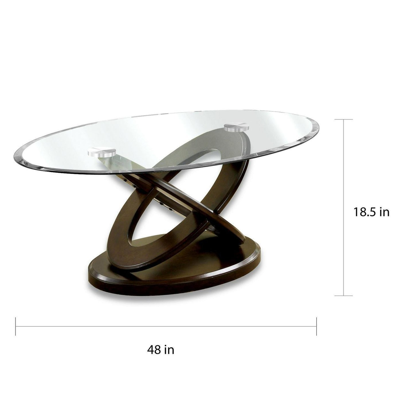 Dark Walnut Finished Comtemporary Crossed Leg Oval Coffee Table Glass Top