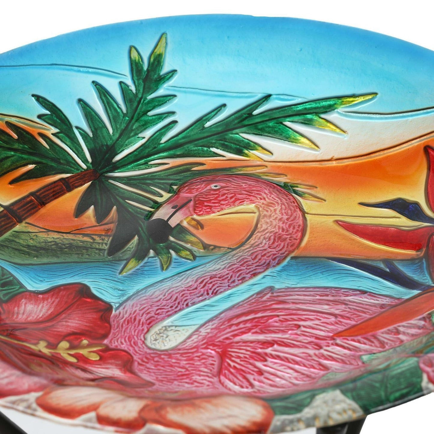 Flamingo Theme Bird Bath with Folding Metal Stand Glass Bowl Birdbath