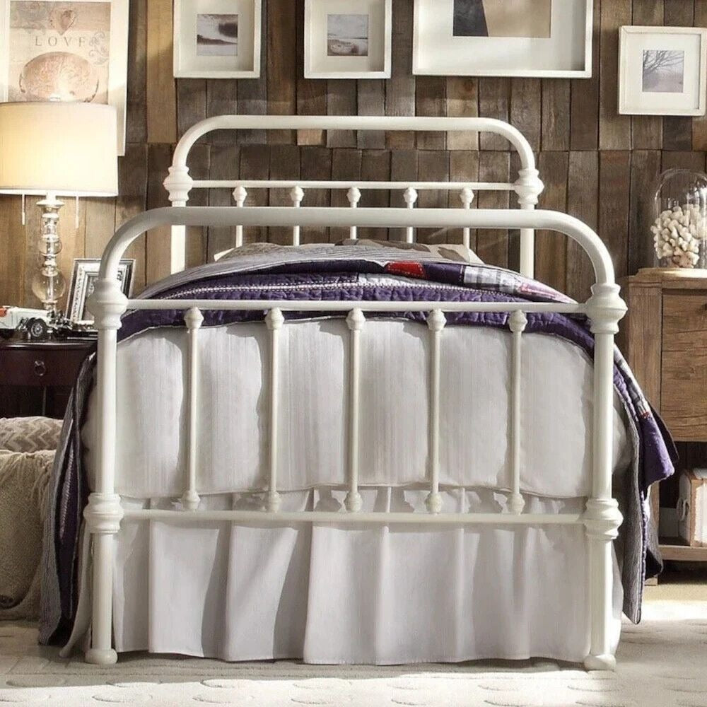 Antique-Style Iron Bed Frame with Flowing Curved Spindle Design, White, Queen Sz