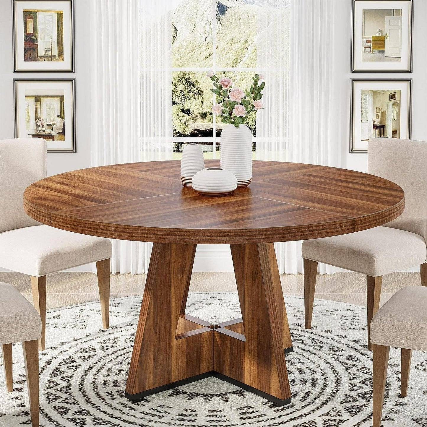 Round Farmhouse Dining Kitchen Table in Rustic Light Brown Finish 47in Diameter