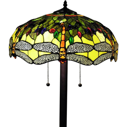 Green and Yellow Stained Glass Tiffany Style Dragonfly Theme Floor Lamp 61inT