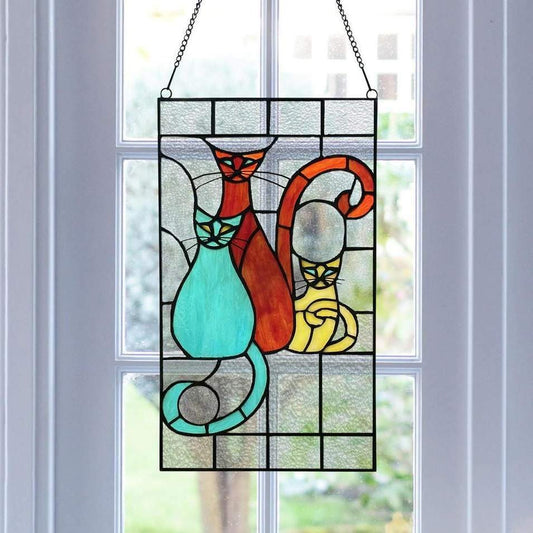 Cats Tiffany Style Window Panel Stained Glass Suncatcher Window Hanging 14inx8in