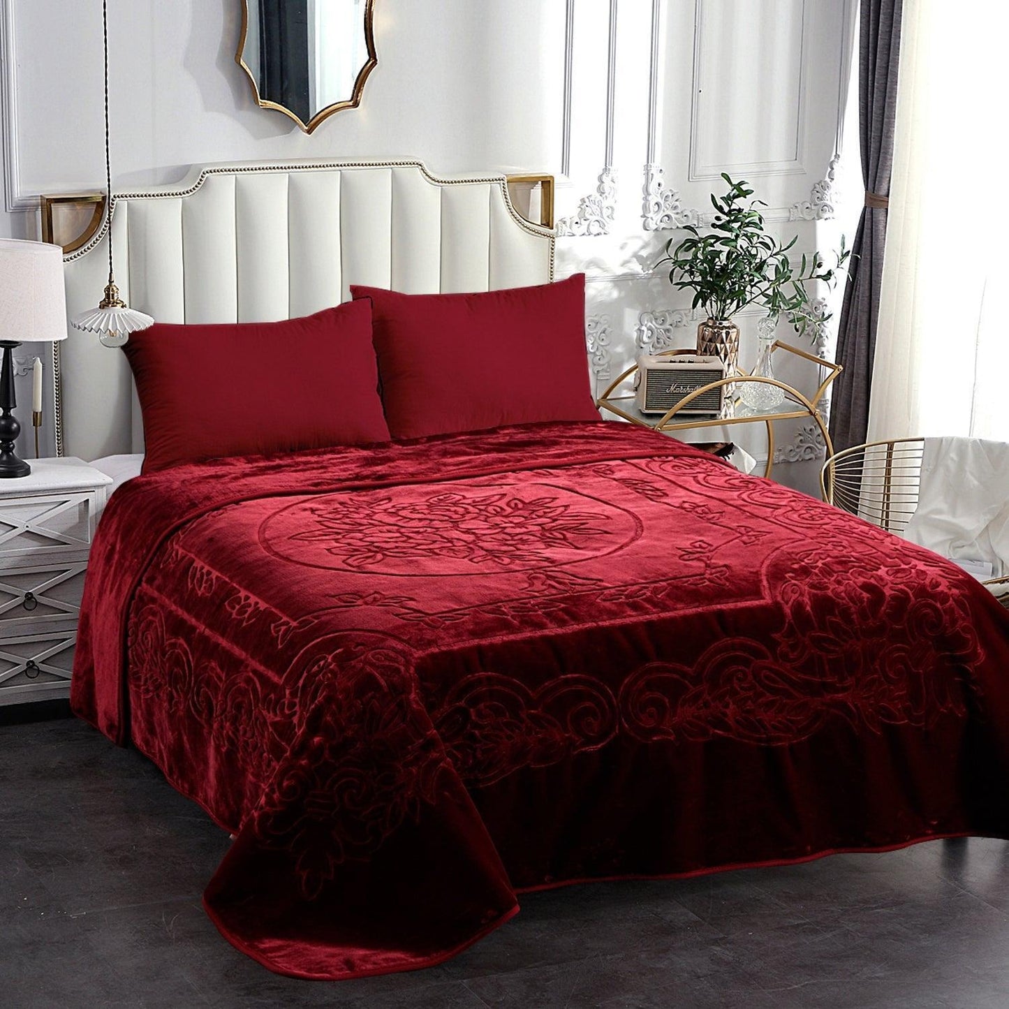 Luxurious Oversized Floral Embossed Bed Blanket/Cover in Burgundy