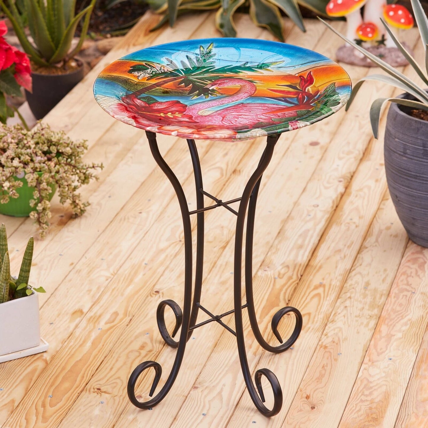 Flamingo Theme Bird Bath with Folding Metal Stand Glass Bowl Birdbath