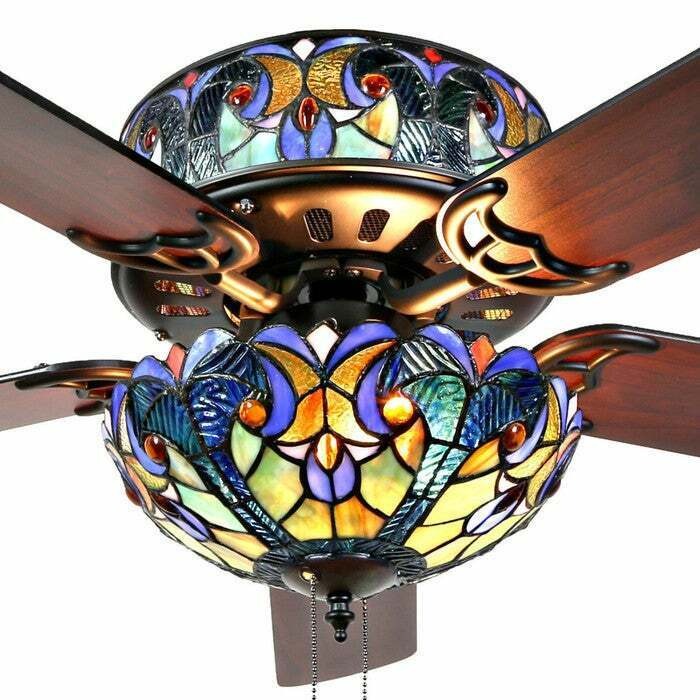 Blue Stained Glass Tiffany Style 52in Ceiling Fan - Pull Chain 2 Color Blades