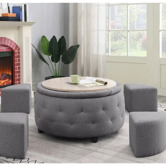 Round Rolling Storage Ottoman Cocktail Set with 4 Ottomans in Dark Grey