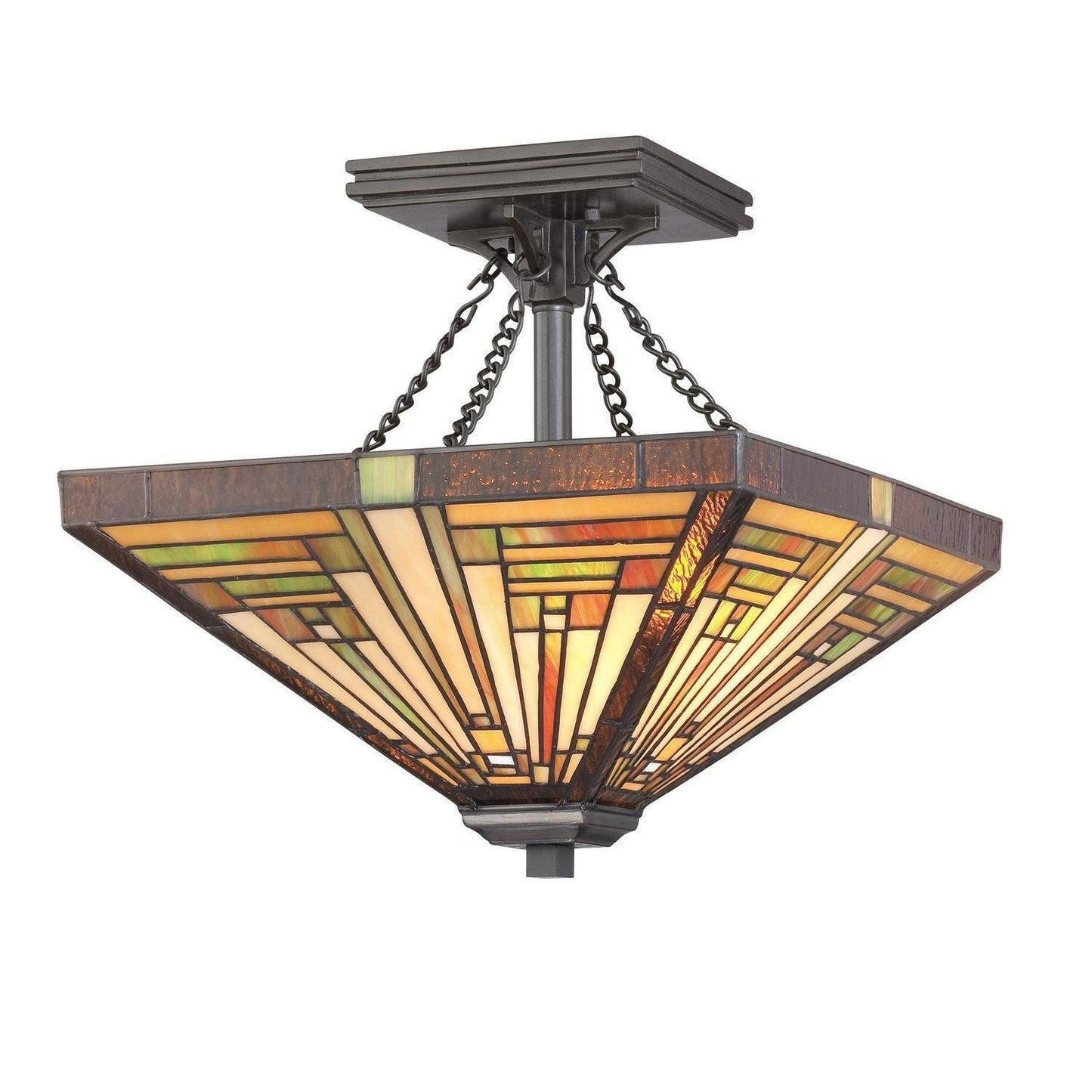 Ornate Bronze Fin Semi-Flush Mount Ceiling Stained Glass Pendant Light