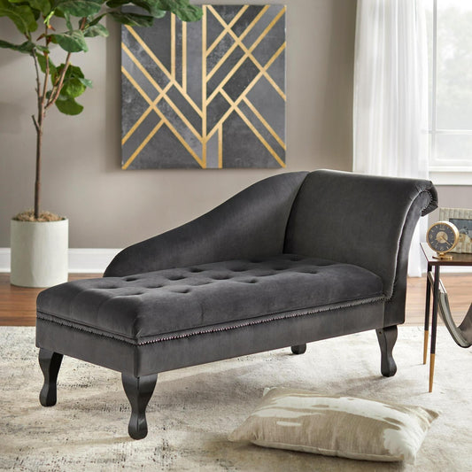 Dark Grey Finish Lounge Sofa Chair Velvet Storage Chaise w/ Hidden Storage