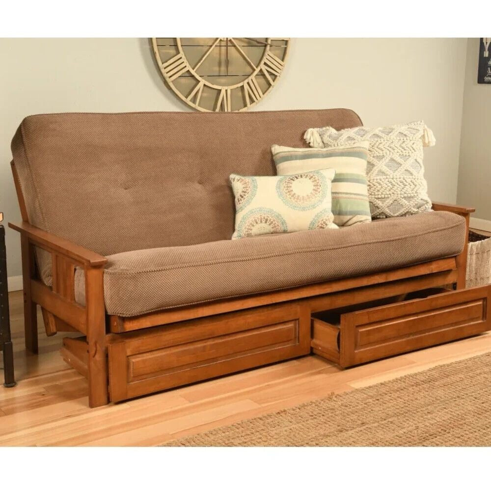 Futon Bed Set - Full Sz Solid Wood Futon w/Cotton Mattress & Storage - Light Brn