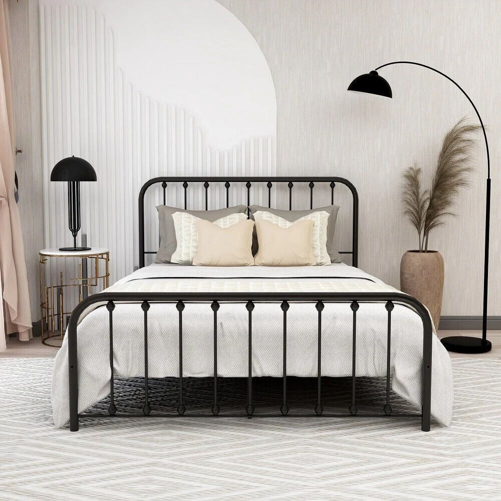 Queen Size Bed Frame Metal Platform Bed Frame with Headboard & Footboard Black