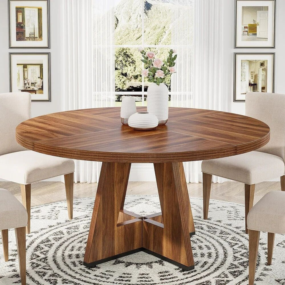 Round Farmhouse Dining Kitchen Table in Rustic Walnut Brown Finish 47in Diameter